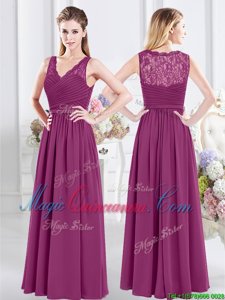 Fuchsia V-neck Neckline Lace and Ruching Dama Dress for Quinceanera Sleeveless Side Zipper