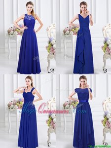 Royal Blue V-neck Neckline Lace and Ruffles and Ruching Quinceanera Court of Honor Dress Sleeveless Zipper