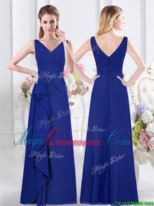 Extravagant Royal Blue Chiffon Zipper Vestidos de Damas Sleeveless Floor Length Ruffles and Ruching