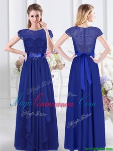 Affordable Scoop Short Sleeves Floor Length Zipper Damas Dress Royal Blue and In for Prom and Party and Wedding Party with Lace and Belt