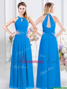 Admirable Halter Top Sleeveless Floor Length Ruching Zipper Quinceanera Court Dresses with Baby Blue