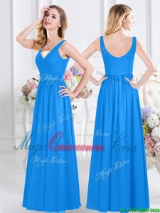 Baby Blue Vestidos de Damas Prom and Party and Wedding Party and For with Ruching V-neck Sleeveless Zipper