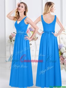 Baby Blue Vestidos de Damas Prom and Party and Wedding Party and For with Ruching V-neck Sleeveless Zipper