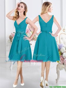 Teal Empire Chiffon V-neck Sleeveless Ruching and Belt Knee Length Zipper Quinceanera Court Dresses