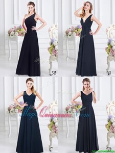 Affordable One Shoulder Floor Length Navy Blue Damas Dress Chiffon Sleeveless Ruching