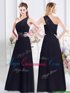 Simple One Shoulder Floor Length Side Zipper Dama Dress Navy Blue and In for Prom and Party and Wedding Party with Ruching