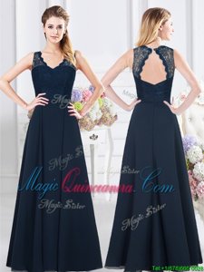 Lace and Ruching Vestidos de Damas Navy Blue Backless Sleeveless Floor Length