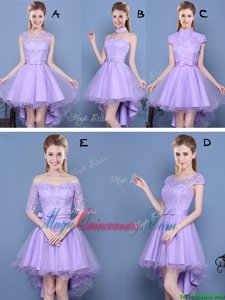 Fitting Lavender A-line Sweetheart Sleeveless Taffeta and Tulle High Low Lace Up Lace and Bowknot Quinceanera Dama Dress