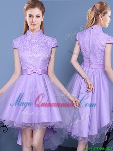 Edgy Lavender Tulle Zipper High-neck Short Sleeves High Low Quinceanera Dama Dress Lace and Bowknot and Belt