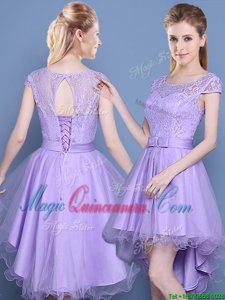 Captivating Scoop Cap Sleeves Tulle Vestidos de Damas Lace Lace Up