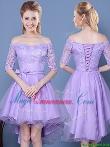 Lavender Off The Shoulder Neckline Lace and Bowknot and Belt Vestidos de Damas Half Sleeves Lace Up