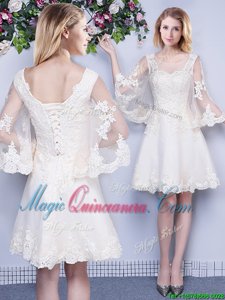 Traditional White Lace Up Scoop Lace Quinceanera Court Dresses Tulle 3|4 Length Sleeve