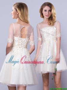 Captivating Scoop Champagne Lace Up Dama Dress for Quinceanera Appliques Half Sleeves Mini Length