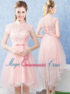 High-neck Short Sleeves Zipper Quinceanera Court of Honor Dress Baby Pink Tulle