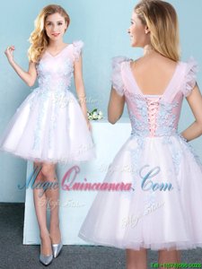 Inexpensive Tulle V-neck Sleeveless Lace Up Appliques Quinceanera Court Dresses in White