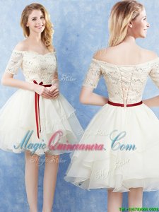 Custom Designed Organza Off The Shoulder Short Sleeves Lace Up Lace and Ruffles and Belt Court Dresses for Sweet 16 in Champagne