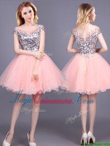 Short Sleeves Mini Length Zipper Damas Dress Pink and In for Prom and Party and Wedding Party with Sequins