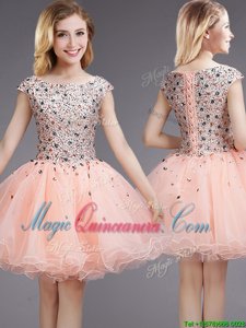 Pink Ball Gowns Organza Bateau Cap Sleeves Beading and Sequins Mini Length Lace Up Quinceanera Court Dresses