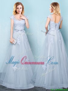 Scoop Cap Sleeves Lace Up Court Dresses for Sweet 16 Light Blue Tulle
