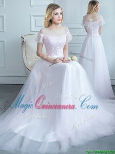 Scoop Short Sleeves Sweep Train Lace Up Lace and Belt Court Dresses for Sweet 16