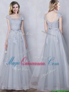 Empire Vestidos de Damas Grey Scoop Tulle Cap Sleeves Floor Length Lace Up