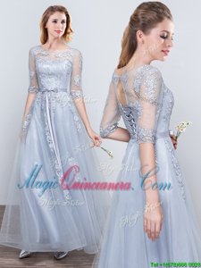 Fancy Scoop Short Sleeves Grey Tulle Lace Up Quinceanera Court of Honor Dress Half Sleeves Floor Length Appliques and Belt