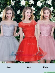 Decent Mini Length Red and Pink and Grey Quinceanera Dama Dress Scoop Short Sleeves Lace Up