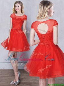 Scoop Tulle Short Sleeves Mini Length Quinceanera Court of Honor Dress and Appliques and Belt