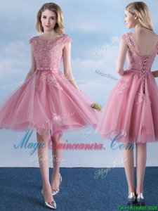 Hot Sale Scoop Cap Sleeves Knee Length Lace Up Dama Dress for Quinceanera Pink and In for Prom and Party and Wedding Party with Appliques and Belt