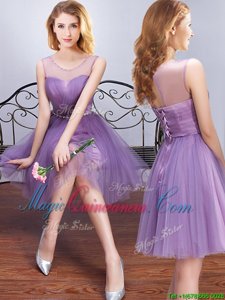 Lavender Tulle Lace Up Scoop Sleeveless Mini Length Court Dresses for Sweet 16 Beading and Ruching and Belt