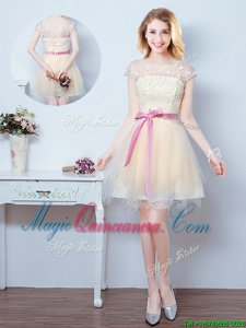 Scoop Champagne Short Sleeves Tulle Lace Up Quinceanera Court of Honor Dress for Prom and Party and Wedding Party
