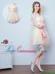 Off The Shoulder Short Sleeves Court Dresses for Sweet 16 Mini Length Lace and Appliques and Ruffles and Bowknot Champagne Tulle