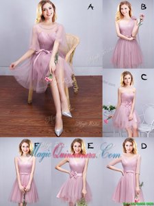 Romantic Pink Scoop Neckline Ruffles and Ruching and Bowknot and Hand Made Flower Dama Dress for Quinceanera Sleeveless Lace Up