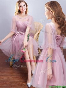 Charming Scoop Half Sleeves Tulle Mini Length Lace Up Quinceanera Court Dresses in Pink for with Ruching and Bowknot
