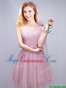 Pretty One Shoulder Mini Length Lace Up Court Dresses for Sweet 16 Pink and In for Prom and Party and Wedding Party with Ruching and Bowknot and Hand Made Flower