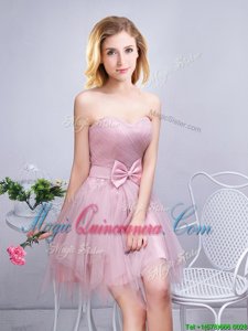 Pink Tulle Lace Up Dama Dress Sleeveless Mini Length Ruching and Bowknot