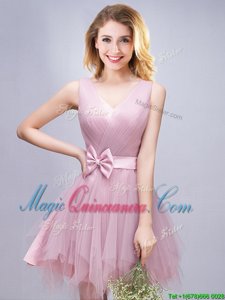 Simple Pink Damas Dress Prom and Party and Wedding Party and For with Ruffles and Ruching and Bowknot V-neck Sleeveless Lace Up