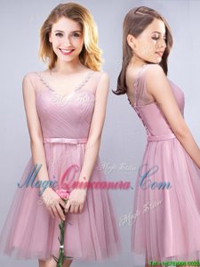 Delicate Mini Length Lace Up Dama Dress for Quinceanera Pink and In for Prom and Party and Wedding Party with Ruching and Bowknot