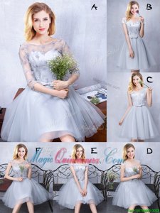 Superior Grey Vestidos de Damas Prom and Party and Wedding Party and For with Lace and Appliques and Belt Scoop Sleeveless Lace Up