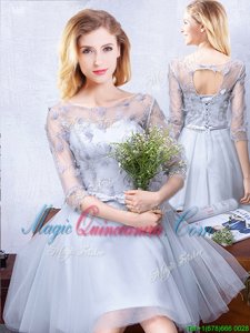 Shining Scoop Half Sleeves Lace Up Court Dresses for Sweet 16 Grey Tulle