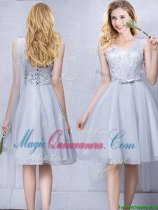 One Shoulder Grey Tulle Lace Up Quinceanera Dama Dress Sleeveless Knee Length Lace and Appliques and Belt