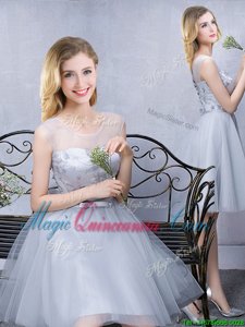 Superior Scoop Grey Sleeveless Lace and Appliques and Belt Knee Length Dama Dress for Quinceanera