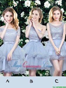Colorful Off the Shoulder Grey Organza Lace Up Vestidos de Damas Sleeveless Mini Length Lace and Ruffles and Belt