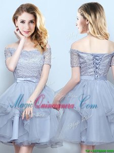 Clearance Off the Shoulder Short Sleeves Mini Length Lace and Ruffles and Belt Lace Up Quinceanera Dama Dress with Grey