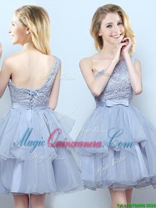 Romantic One Shoulder Sleeveless Organza Quinceanera Dama Dress Lace and Ruffles and Belt Lace Up
