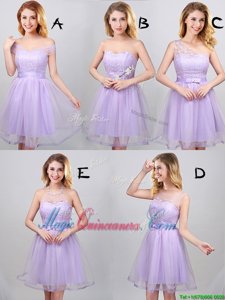 Custom Designed Lavender A-line Off The Shoulder Sleeveless Tulle Mini Length Lace Up Lace and Appliques and Belt Vestidos de Damas
