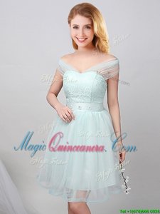 Off the Shoulder Apple Green Lace Up Quinceanera Court Dresses Lace and Appliques and Belt Short Sleeves Mini Length