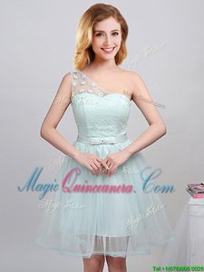 Fancy One Shoulder Apple Green A-line Lace and Appliques and Belt Dama Dress Lace Up Tulle Sleeveless Mini Length