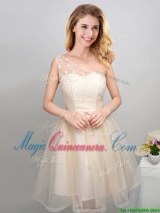 Champagne A-line Tulle One Shoulder Sleeveless Lace and Appliques and Belt Mini Length Lace Up Court Dresses for Sweet 16