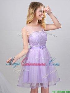 Custom Fit Scoop Lavender A-line Lace and Appliques and Belt Quinceanera Court of Honor Dress Lace Up Tulle Sleeveless Mini Length